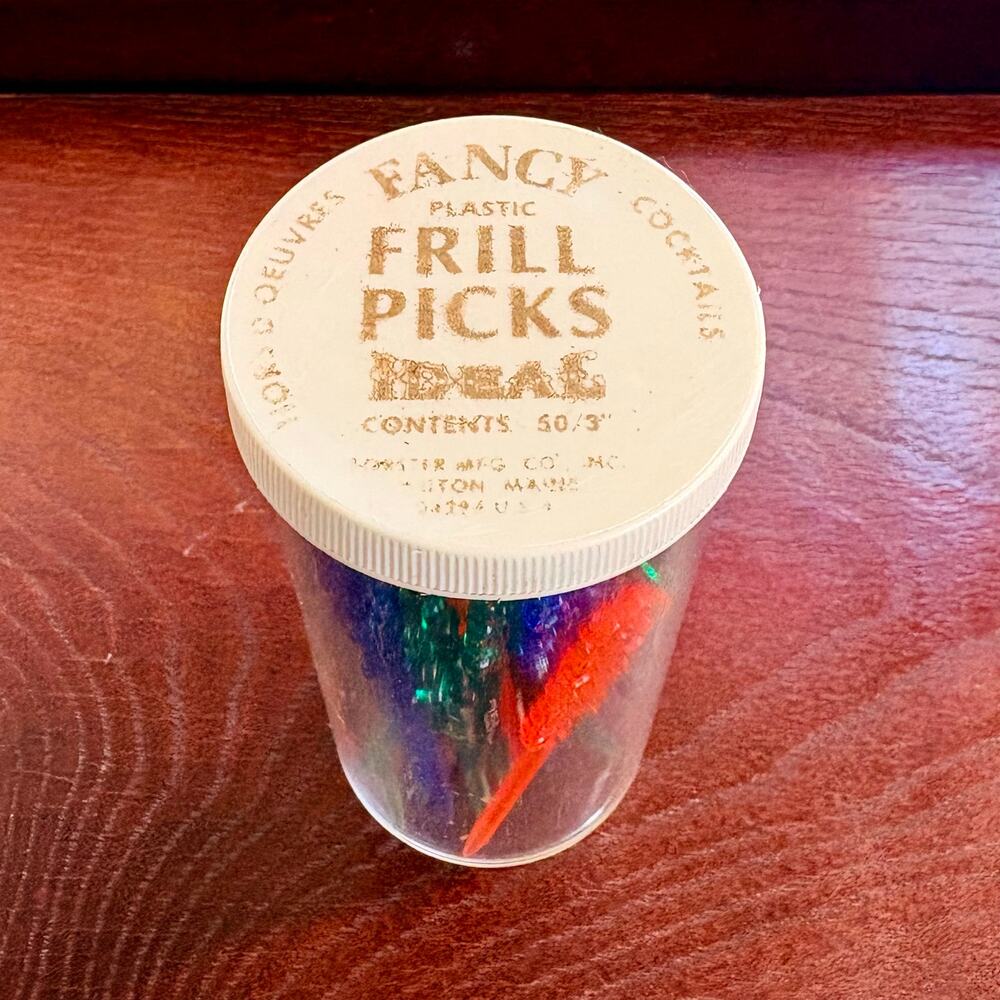 Vintage Fancy Plastic Frill Cocktail Picks 46 Assorted Colors w Container